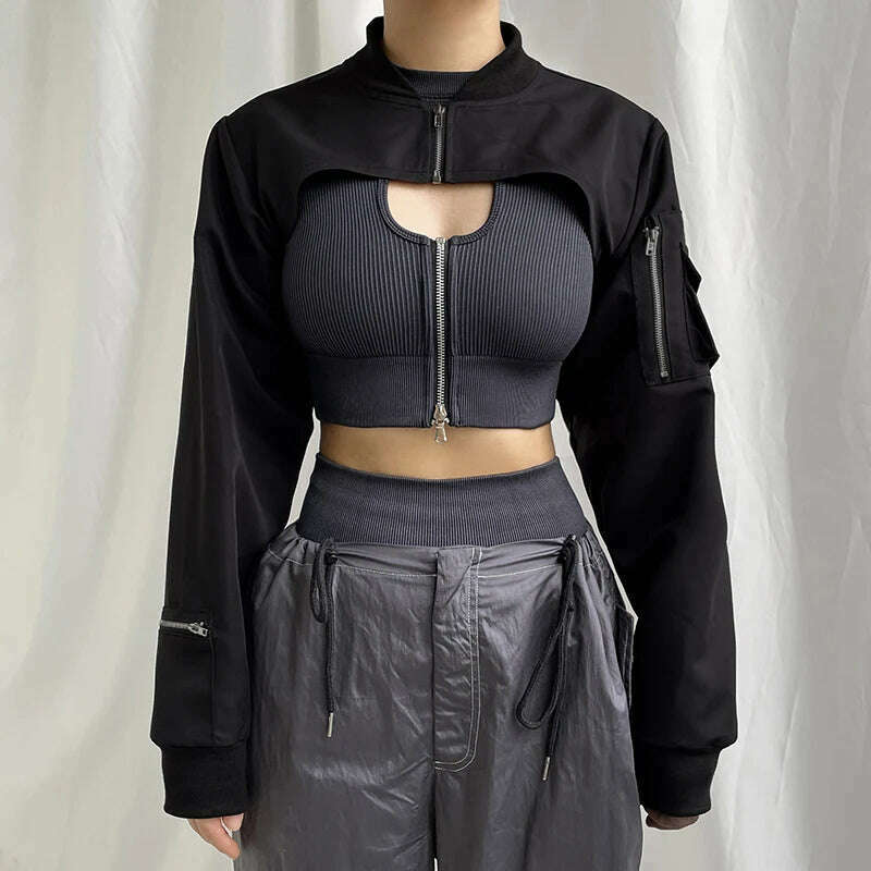 HEYounGIRL Super-short Black Jacket Zipper Long Sleeve Harajuku Cropped Tshirt Gothic Techwear Fashion Korean Tee Punk Street - KIMLUD