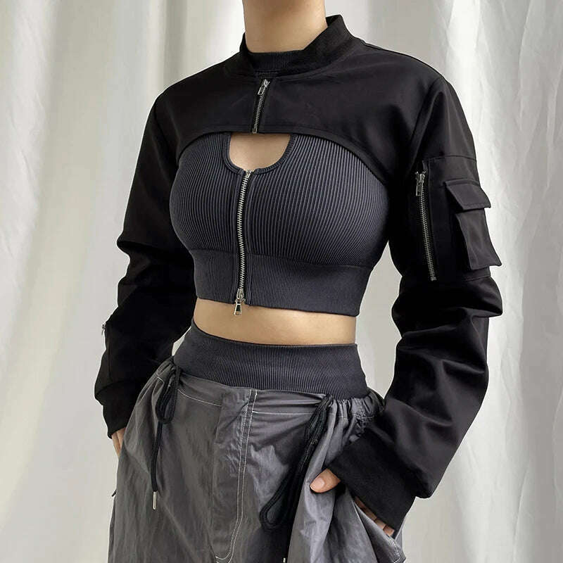 HEYounGIRL Super-short Black Jacket Zipper Long Sleeve Harajuku Cropped Tshirt Gothic Techwear Fashion Korean Tee Punk Street - KIMLUD