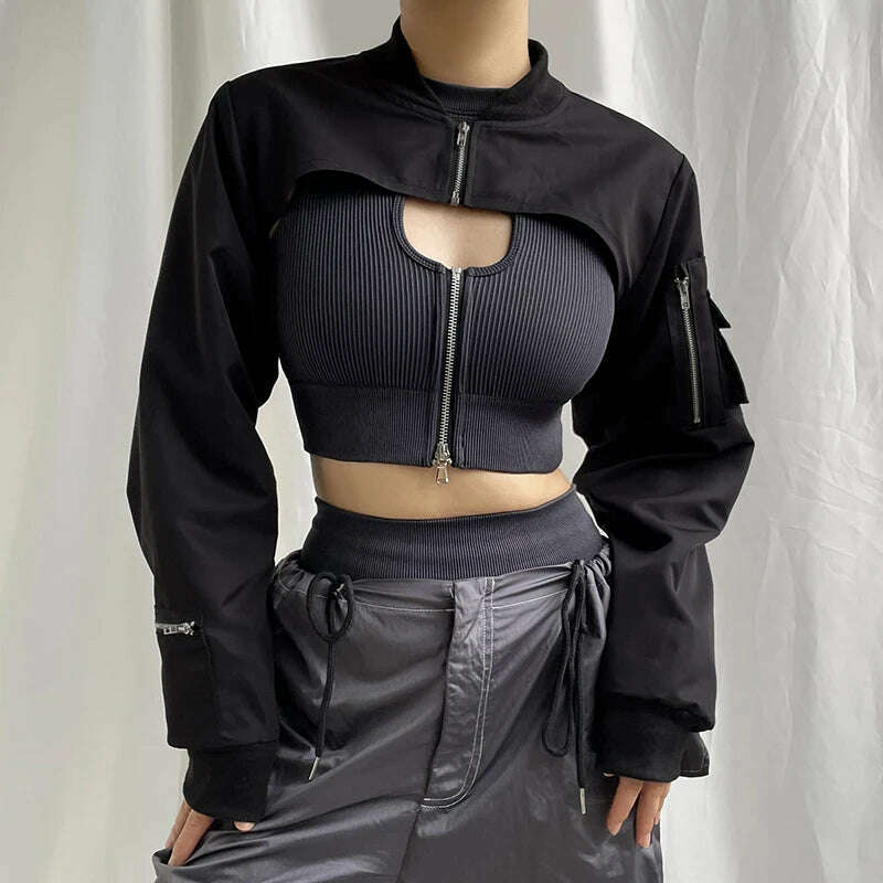 HEYounGIRL Super-short Black Jacket Zipper Long Sleeve Harajuku Cropped Tshirt Gothic Techwear Fashion Korean Tee Punk Street - KIMLUD