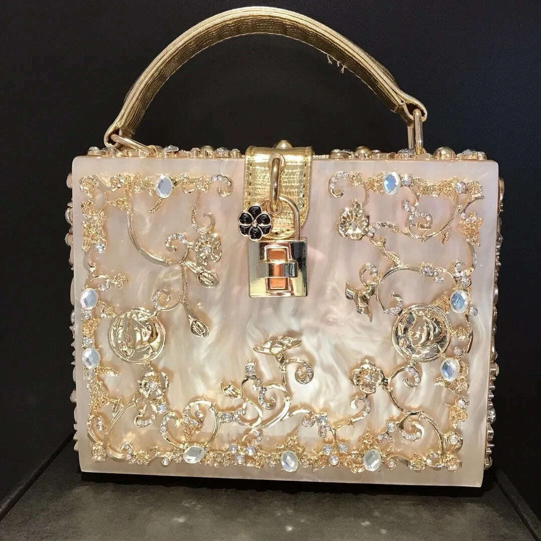 High-Grade crystal Evening Bag Female New Hollow Out Metal Carved Flower Diamond Handbag Box Fashion Chic Shoulder Crossbody Bag - KIMLUD