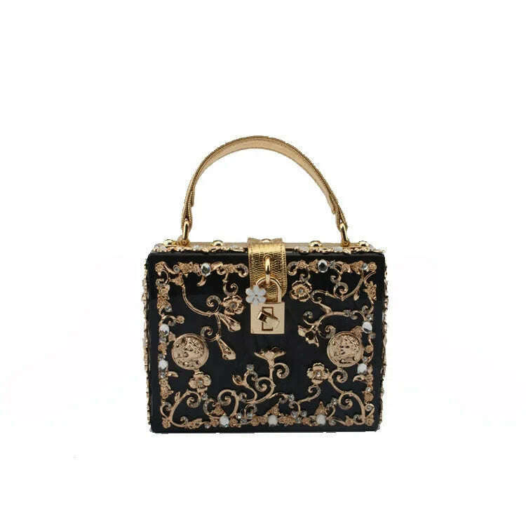 High-Grade crystal Evening Bag Female New Hollow Out Metal Carved Flower Diamond Handbag Box Fashion Chic Shoulder Crossbody Bag - KIMLUD