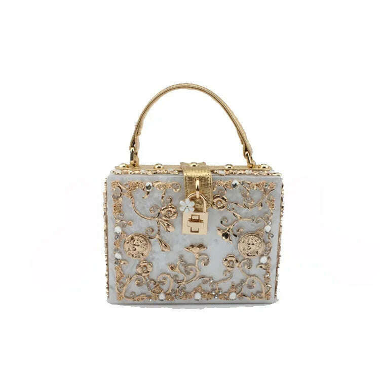 High-Grade crystal Evening Bag Female New Hollow Out Metal Carved Flower Diamond Handbag Box Fashion Chic Shoulder Crossbody Bag - KIMLUD