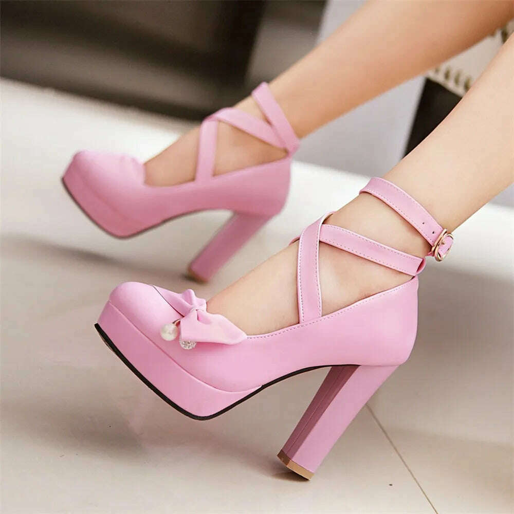 KIMLUD, High Heels Women 2024 Trend Chunky Heels Platform Lolita Mary Jane Elegant Party Korean Shoes Dress White The Glossy Fashion, KIMLUD Womens Clothes