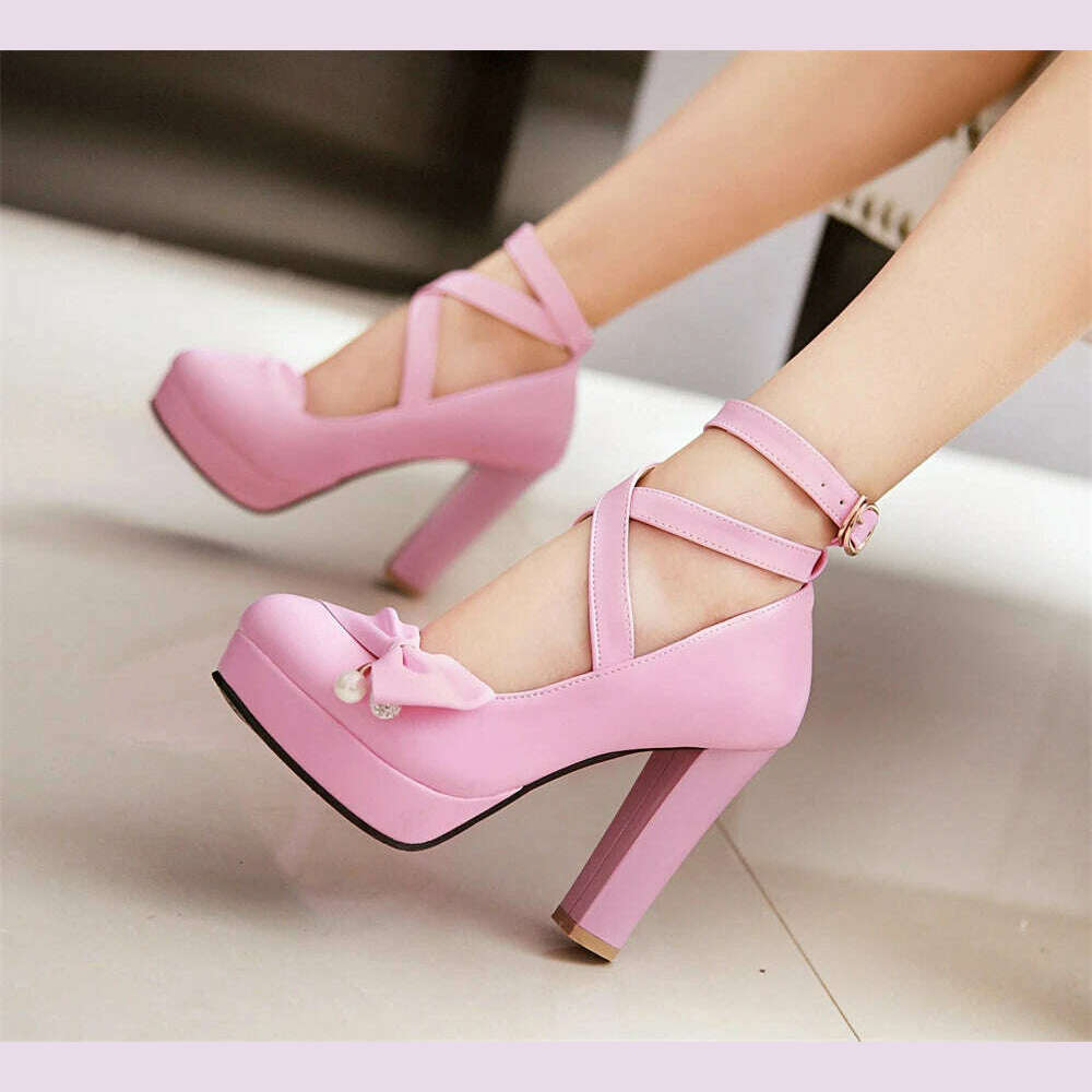 KIMLUD, High Heels Women 2024 Trend Chunky Heels Platform Lolita Mary Jane Elegant Party Korean Shoes Dress White The Glossy Fashion, KIMLUD Womens Clothes