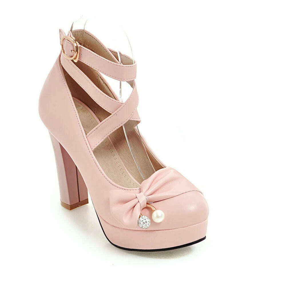 KIMLUD, High Heels Women 2024 Trend Chunky Heels Platform Lolita Mary Jane Elegant Party Korean Shoes Dress White The Glossy Fashion, Pink / 34, KIMLUD APPAREL - Womens Clothes