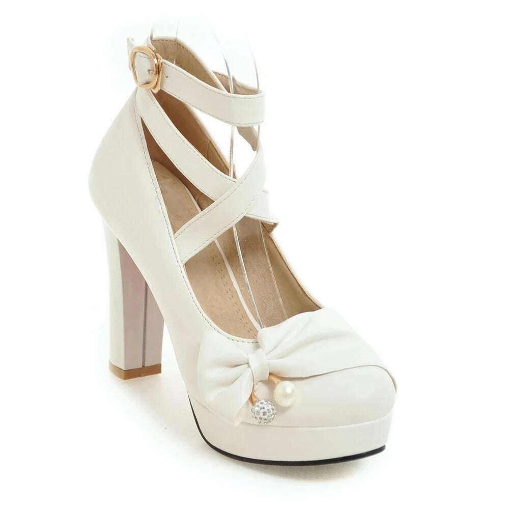 KIMLUD, High Heels Women 2024 Trend Chunky Heels Platform Lolita Mary Jane Elegant Party Korean Shoes Dress White The Glossy Fashion, White / 36, KIMLUD APPAREL - Womens Clothes