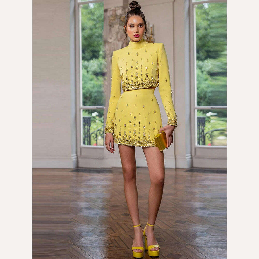 KIMLUD, HIGH STREET Newest 2023 Designer Runway Suit Set Women's Stand Collar Zip Back Cropped Tops Mini Skirt Set 2pcs, KIMLUD Womens Clothes