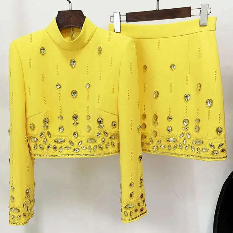 KIMLUD, HIGH STREET Newest 2023 Designer Runway Suit Set Women's Stand Collar Zip Back Cropped Tops Mini Skirt Set 2pcs, Yellow / S, KIMLUD APPAREL - Womens Clothes