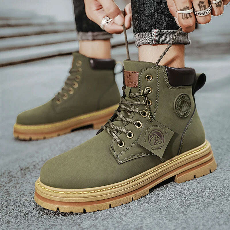 High Top Boots Men Leather Shoes Fashion Motorcycle Ankle Military Boots For Men Winter Boots Man Shoes Lace-Up Botas Hombre - KIMLUD