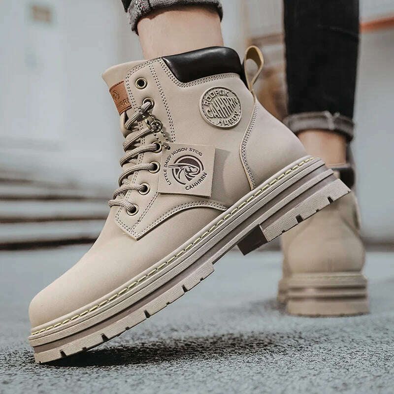 High Top Boots Men Leather Shoes Fashion Motorcycle Ankle Military Boots For Men Winter Boots Man Shoes Lace-Up Botas Hombre - KIMLUD