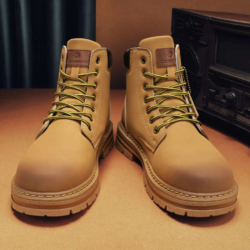 High Top Boots Men Leather Shoes Fashion Motorcycle Ankle Military Boots For Men Winter Boots Man Shoes Lace-Up Botas Hombre - KIMLUD