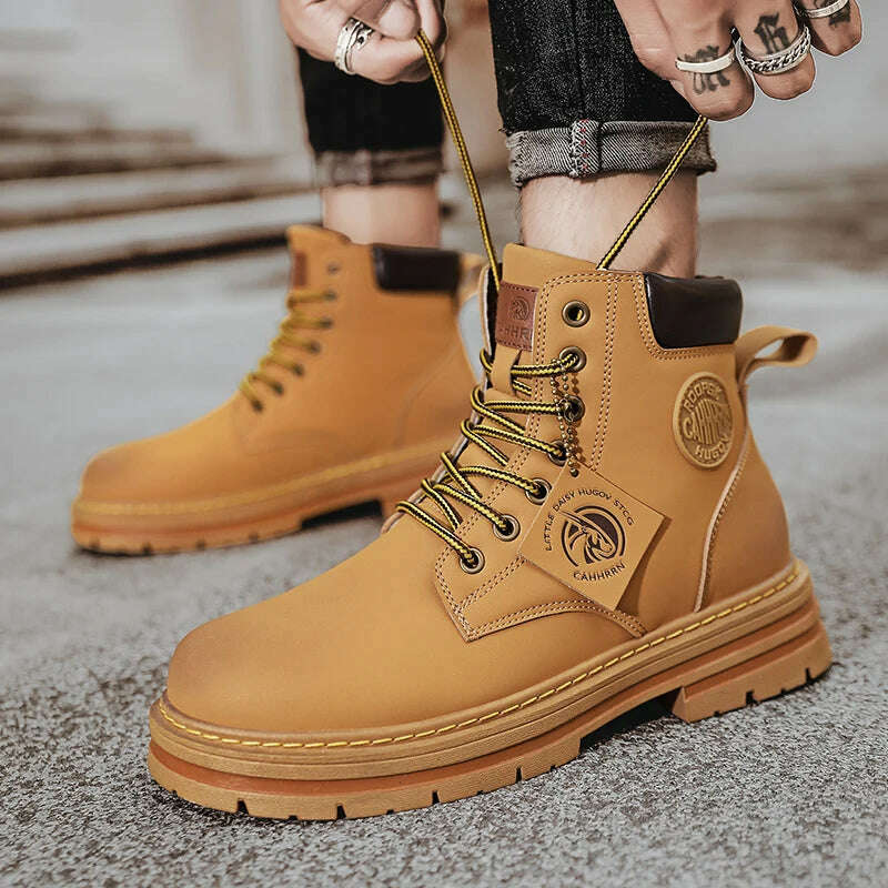 High Top Boots Men Leather Shoes Fashion Motorcycle Ankle Military Boots For Men Winter Boots Man Shoes Lace-Up Botas Hombre - KIMLUD