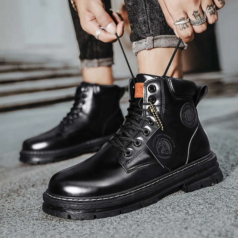 High Top Boots Men Leather Shoes Fashion Motorcycle Ankle Military Boots For Men Winter Boots Man Shoes Lace-Up Botas Hombre - KIMLUD
