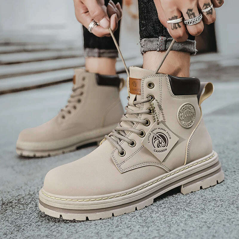 High Top Boots Men Leather Shoes Fashion Motorcycle Ankle Military Boots For Men Winter Boots Man Shoes Lace-Up Botas Hombre - KIMLUD