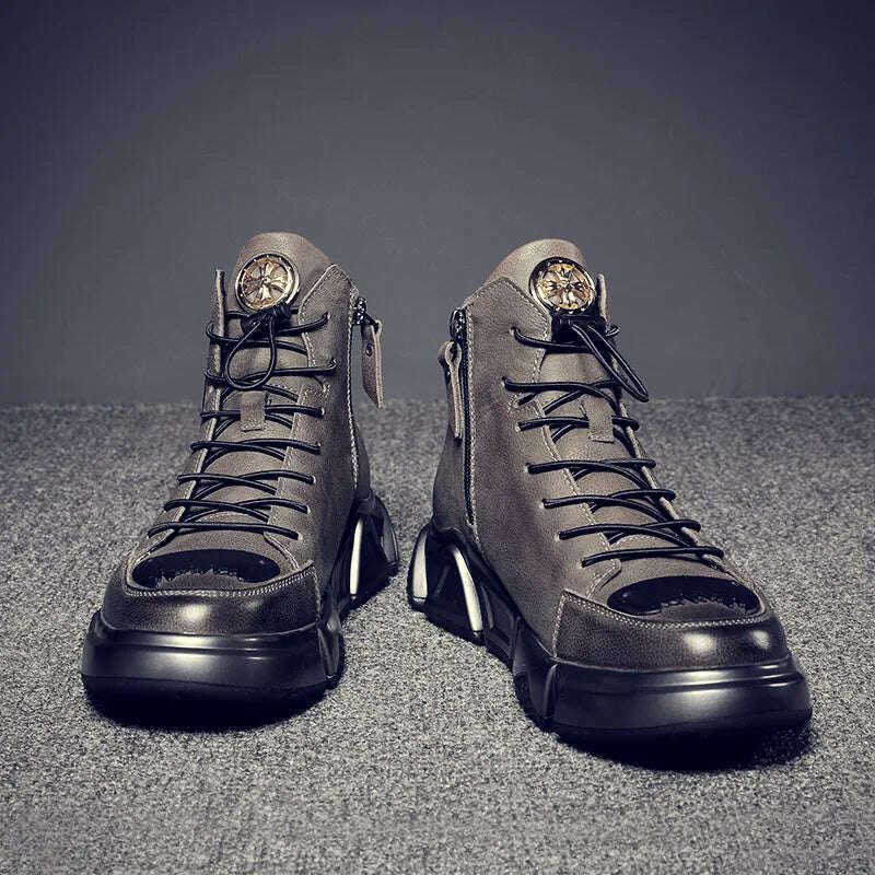 KIMLUD, High-top Men's Shoes Leather Men's Ankle Boots 2022 Autumn and Winter New Trend Leather Boots Youth Thick-soled Rider Boots, KIMLUD Womens Clothes