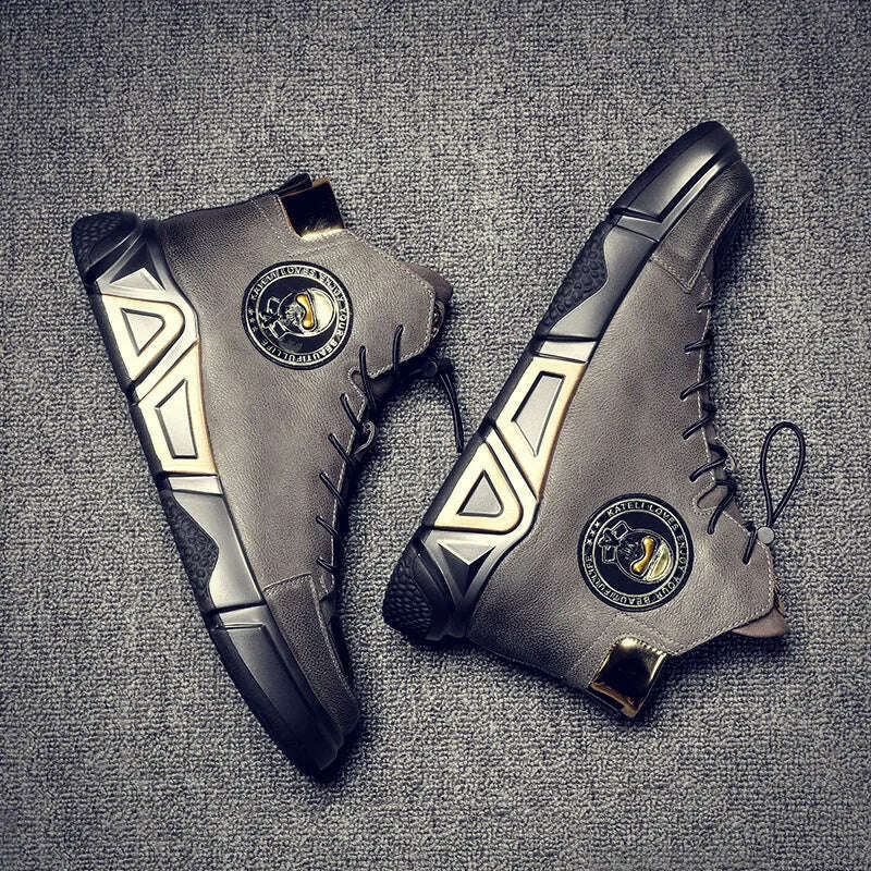 KIMLUD, High-top Men's Shoes Leather Men's Ankle Boots 2022 Autumn and Winter New Trend Leather Boots Youth Thick-soled Rider Boots, KIMLUD Womens Clothes