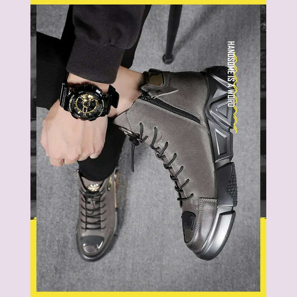 KIMLUD, High-top Men's Shoes Leather Men's Ankle Boots 2022 Autumn and Winter New Trend Leather Boots Youth Thick-soled Rider Boots, KIMLUD Womens Clothes