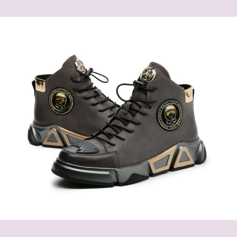 KIMLUD, High-top Men's Shoes Leather Men's Ankle Boots 2022 Autumn and Winter New Trend Leather Boots Youth Thick-soled Rider Boots, KIMLUD Womens Clothes