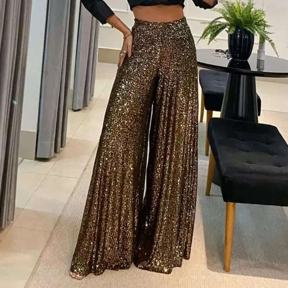 High Waist Elastic Waistband Straight Full Length Women Pants Club Night Sequins Loose Wide Leg Pants - KIMLUD