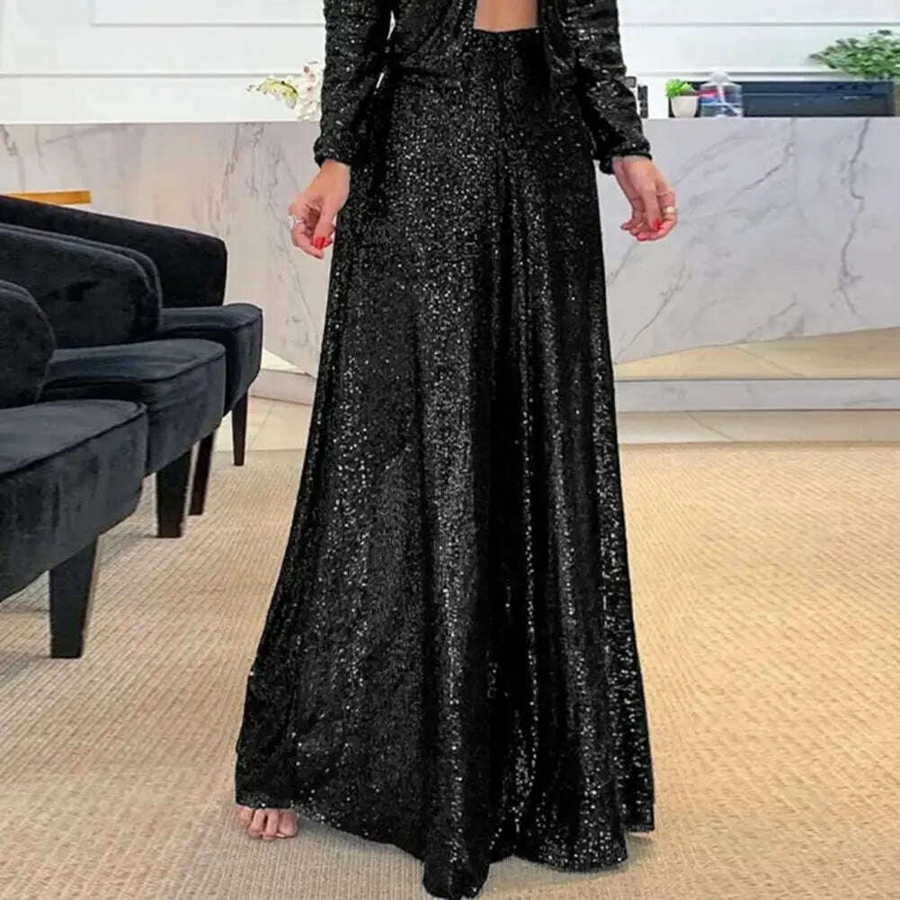 High Waist Elastic Waistband Straight Full Length Women Pants Club Night Sequins Loose Wide Leg Pants - KIMLUD