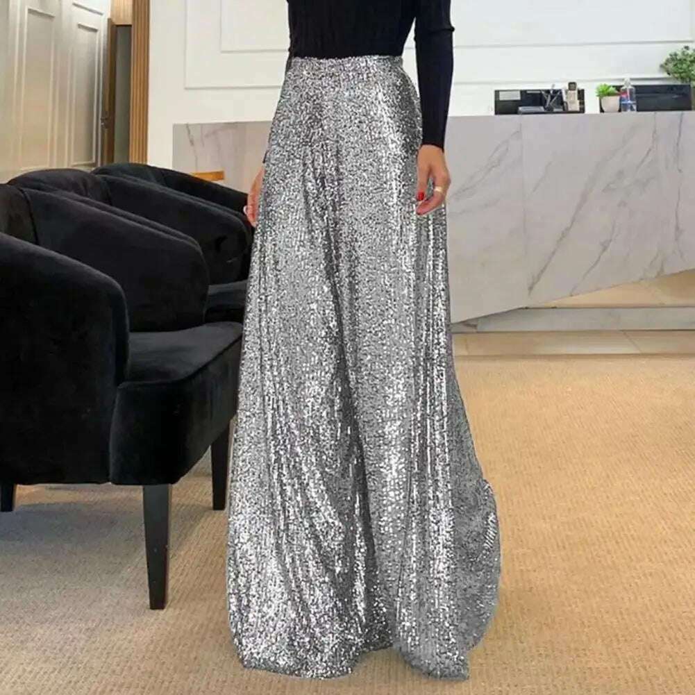 High Waist Elastic Waistband Straight Full Length Women Pants Club Night Sequins Loose Wide Leg Pants - KIMLUD