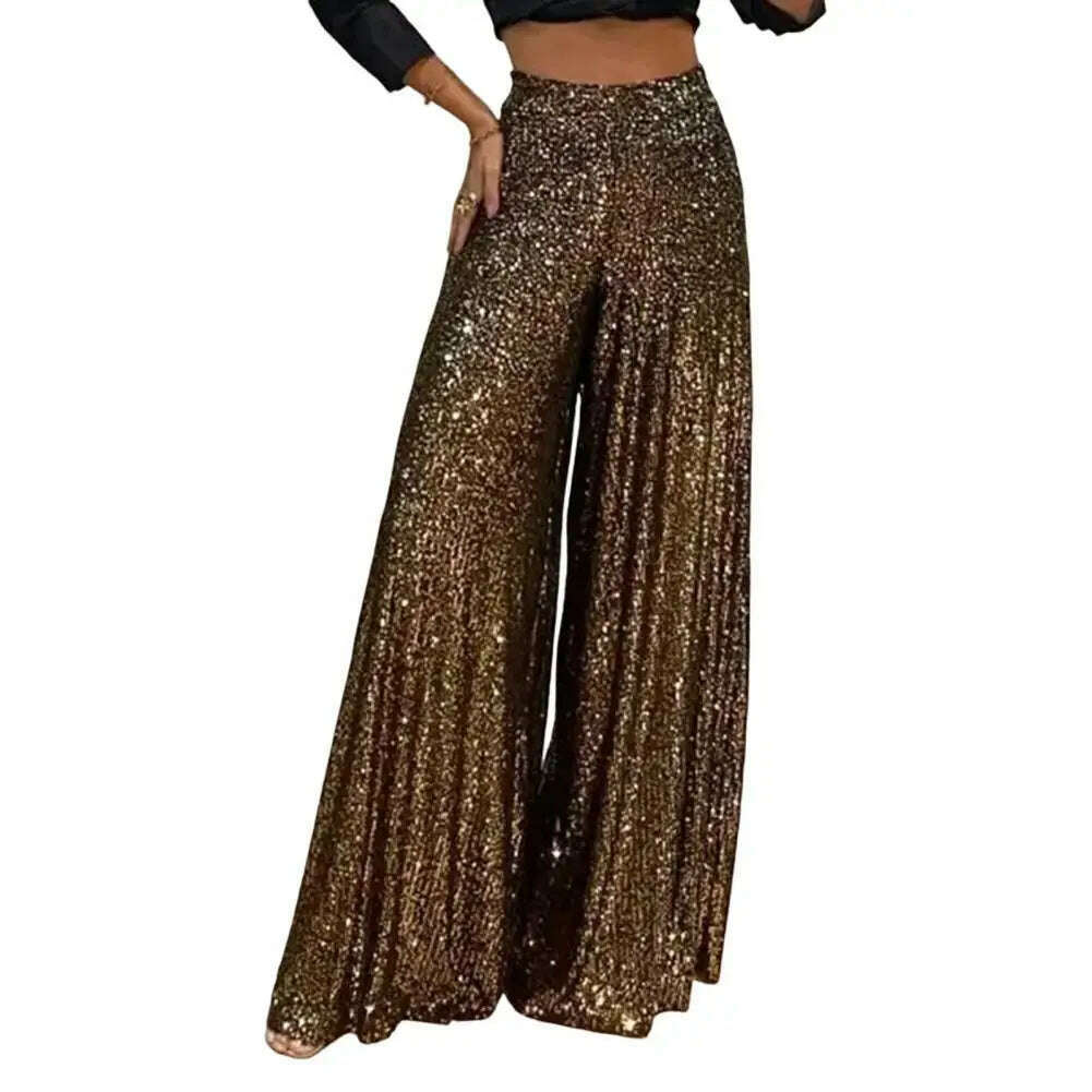 High Waist Elastic Waistband Straight Full Length Women Pants Club Night Sequins Loose Wide Leg Pants - KIMLUD