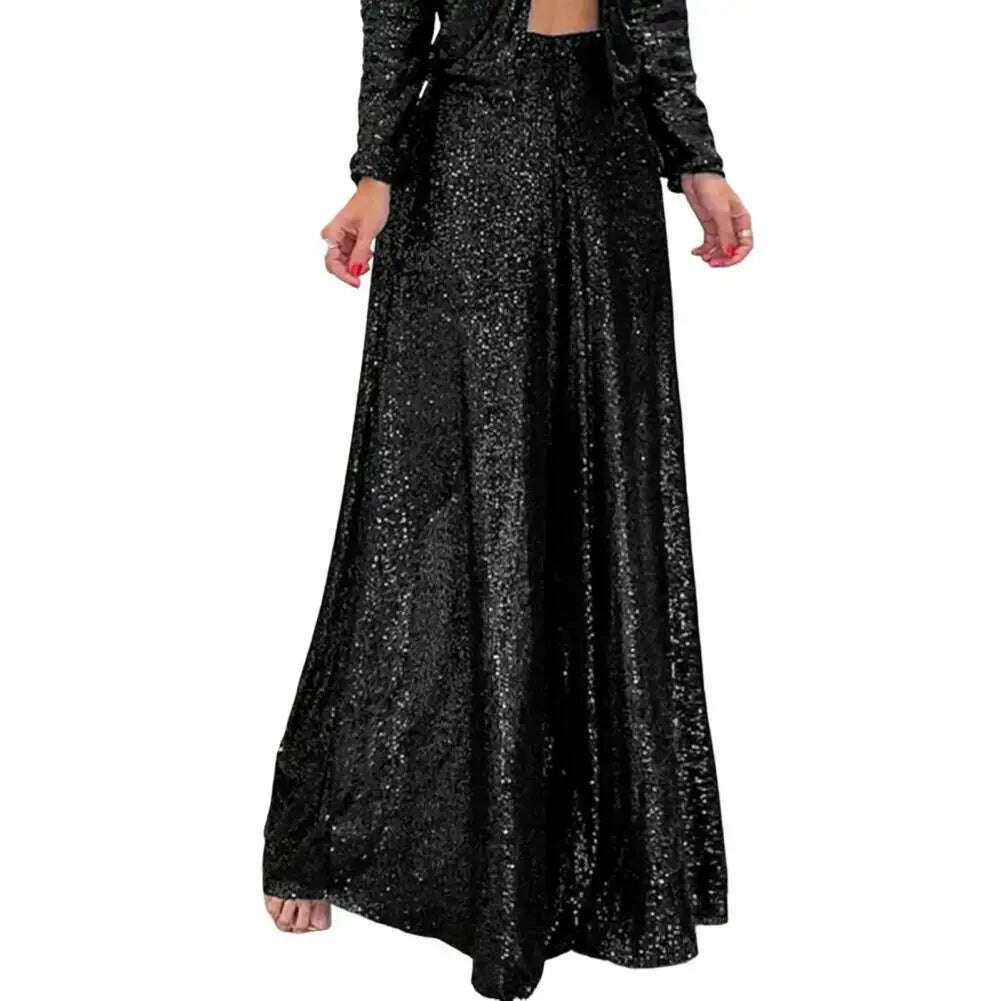 High Waist Elastic Waistband Straight Full Length Women Pants Club Night Sequins Loose Wide Leg Pants - KIMLUD