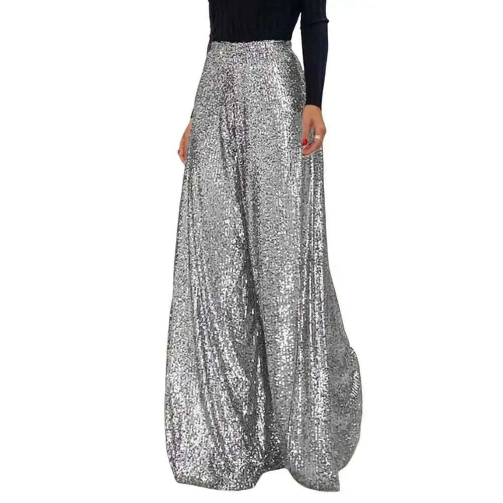 High Waist Elastic Waistband Straight Full Length Women Pants Club Night Sequins Loose Wide Leg Pants - KIMLUD