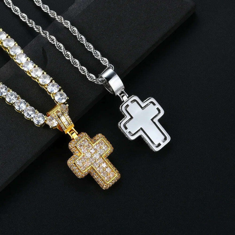 KIMLUD, Hip Hop Iced Out AAA+ Cubic Zirconia Cross Pendant Necklace Rope Stainless Steel Chain on Neck Men Male Punk Rock Jewelry OHP155, KIMLUD Womens Clothes