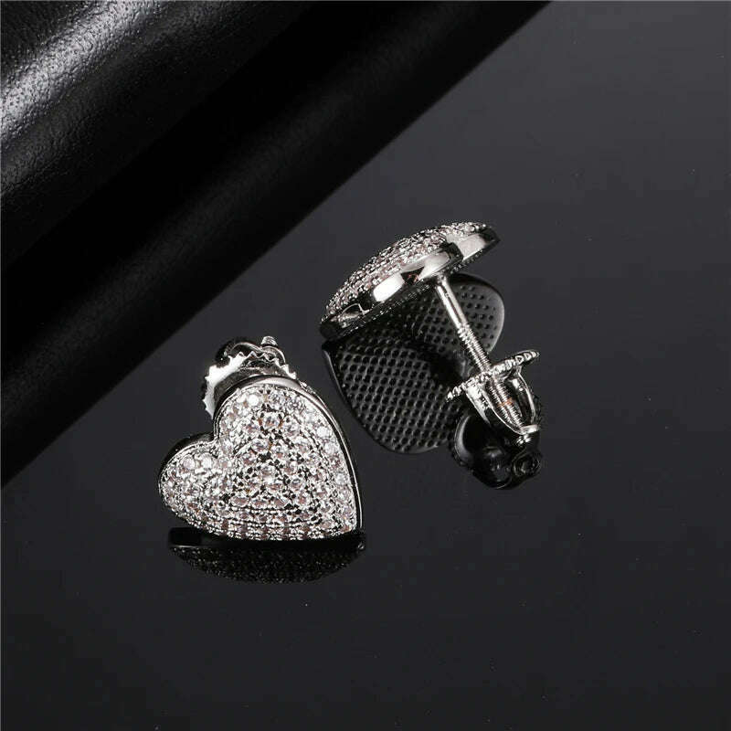 Hip Micro 1Pair Heart Shape Pave Baguette Cubic Zircon Stone Ice out Stud CZ Earring Bling Copper Earrings For Women Men Jewelry - KIMLUD