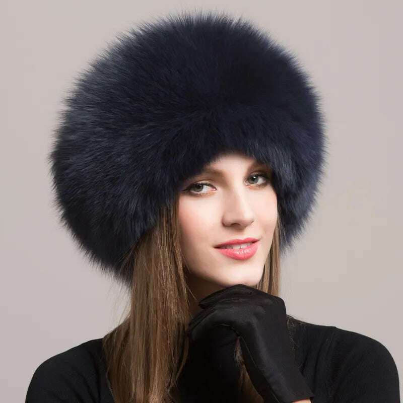 Hot Sale 100% natural Fox Fur Hat Women Cap Thick Fur Cap Winter Warm Hat Female Fashion For Women Hat With Earmuffs Hat - KIMLUD