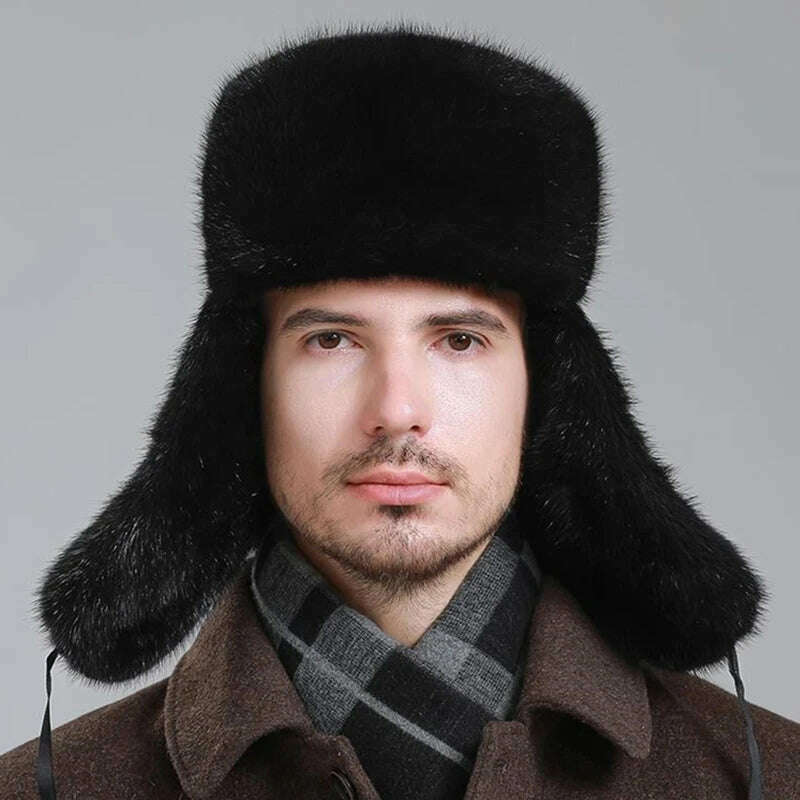 Hot Sale Men Quality 100% Natural Mink Fur Hat Winter Man Super Warm Real Mink Fur Cap Male Real Sheepskin Leather Bomber Hats - KIMLUD