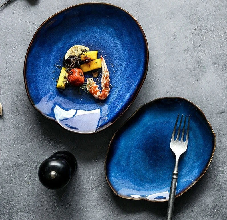 KIMLUD, Household Ceramic Dinner Plate European Style Blue Glaze Salad Bowl Irregular Tableware Western Dinner Plate/kitchen Supplies, KIMLUD Womens Clothes