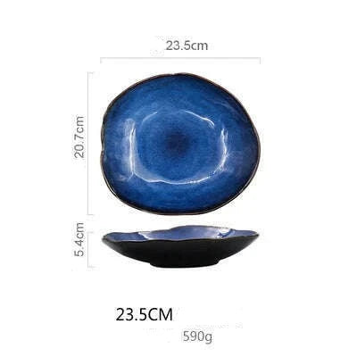 KIMLUD, Household Ceramic Dinner Plate European Style Blue Glaze Salad Bowl Irregular Tableware Western Dinner Plate/kitchen Supplies, 1pcs- 23.5cm, KIMLUD Womens Clothes
