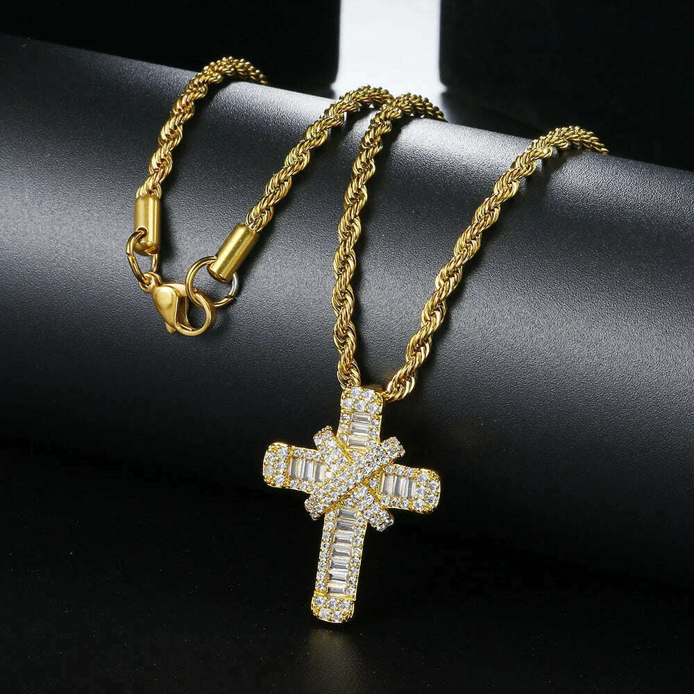 KIMLUD, Iced Out Pendants Cross Necklaces for Women Hip Hop Gold Color Zircon Neck Chain Streetwear Hippie Jewelry Christmas Gift OHP142, KIMLUD Womens Clothes