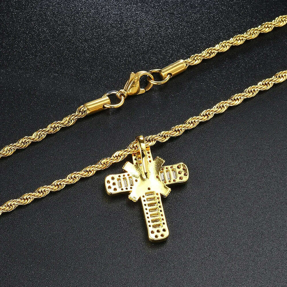 KIMLUD, Iced Out Pendants Cross Necklaces for Women Hip Hop Gold Color Zircon Neck Chain Streetwear Hippie Jewelry Christmas Gift OHP142, KIMLUD Womens Clothes