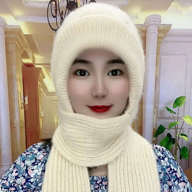 Integrated Ear Protection Windproof Cap Scarf Knitting Thick Warm Ear Guard Hat Winter Siamese Windproof Hat Scarf Set - KIMLUD