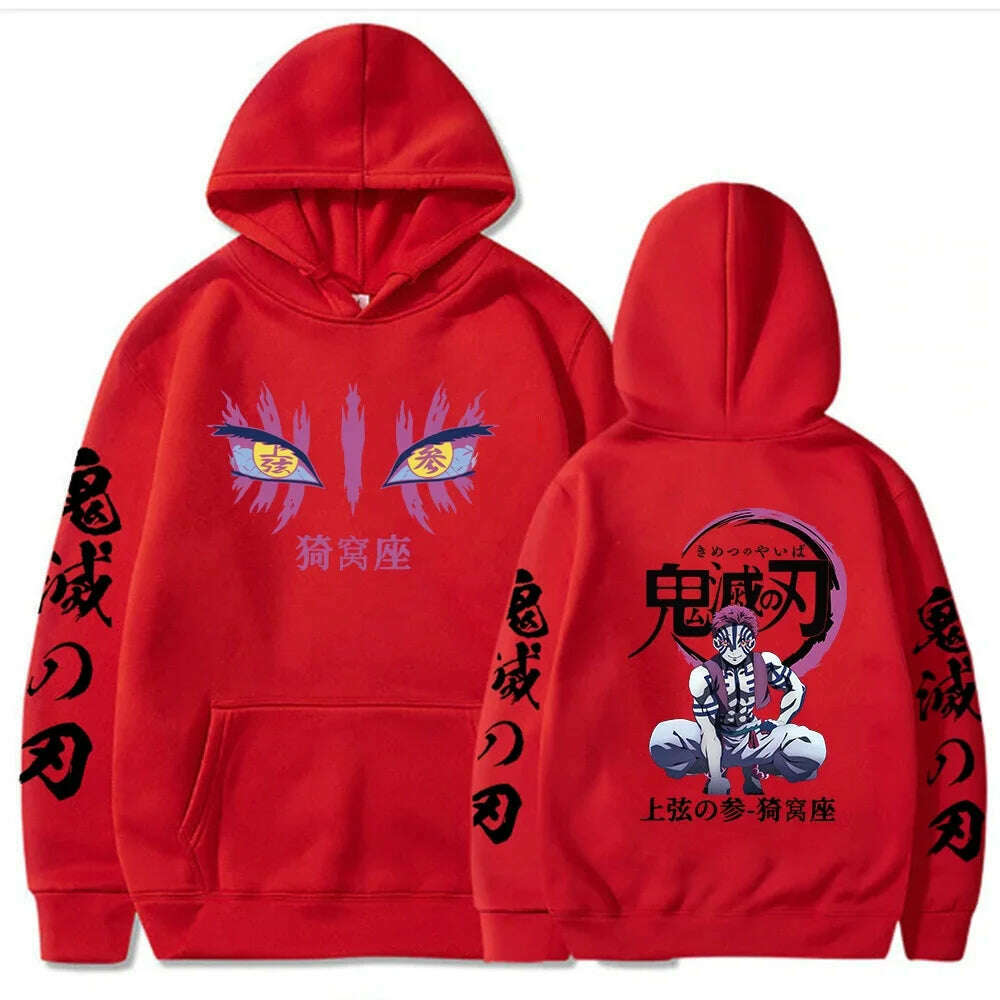 KIMLUD, Japanese Anime Demon Slayer Hoodies for Men Akaza Manga Graphic Streetwear Pullover Hoody Long Sleeve Crewneck Hooded Sweatshirt, Red / L, KIMLUD APPAREL - Womens Clothes