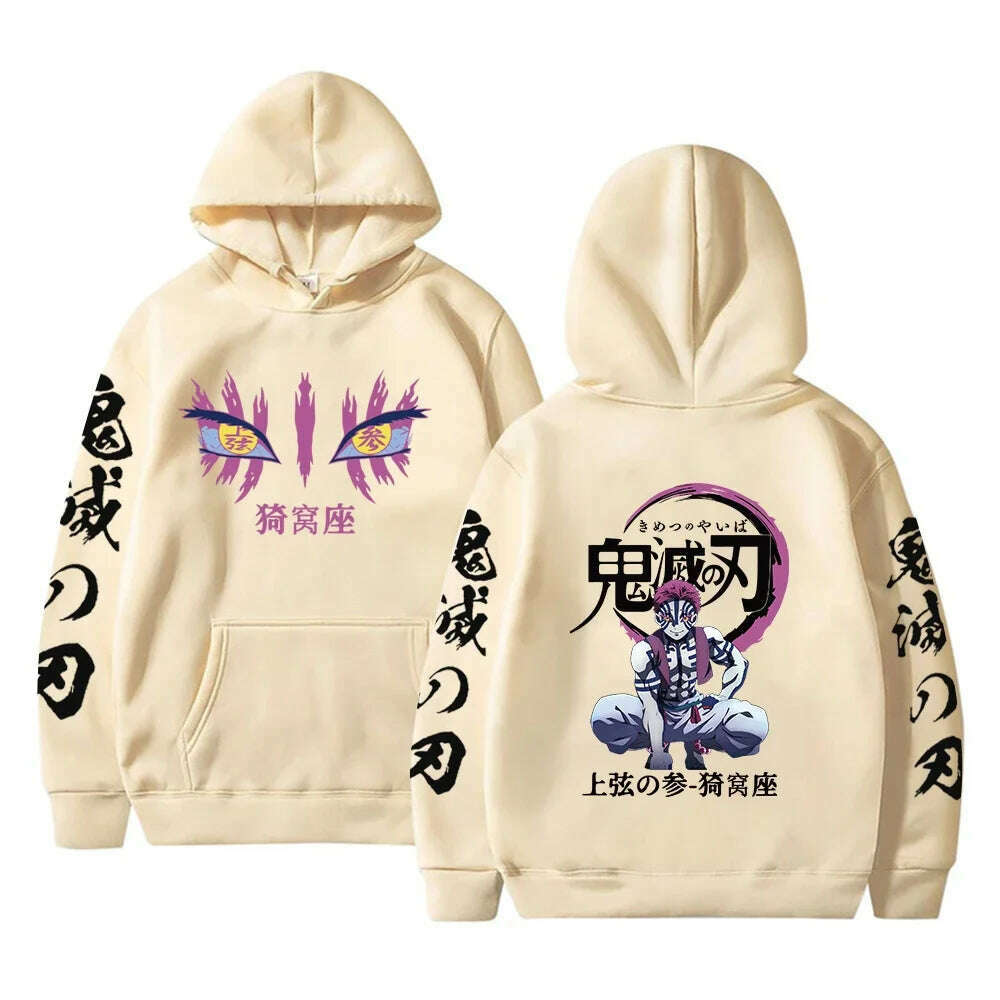 KIMLUD, Japanese Anime Demon Slayer Hoodies for Men Akaza Manga Graphic Streetwear Pullover Hoody Long Sleeve Crewneck Hooded Sweatshirt, Khaki / M, KIMLUD APPAREL - Womens Clothes
