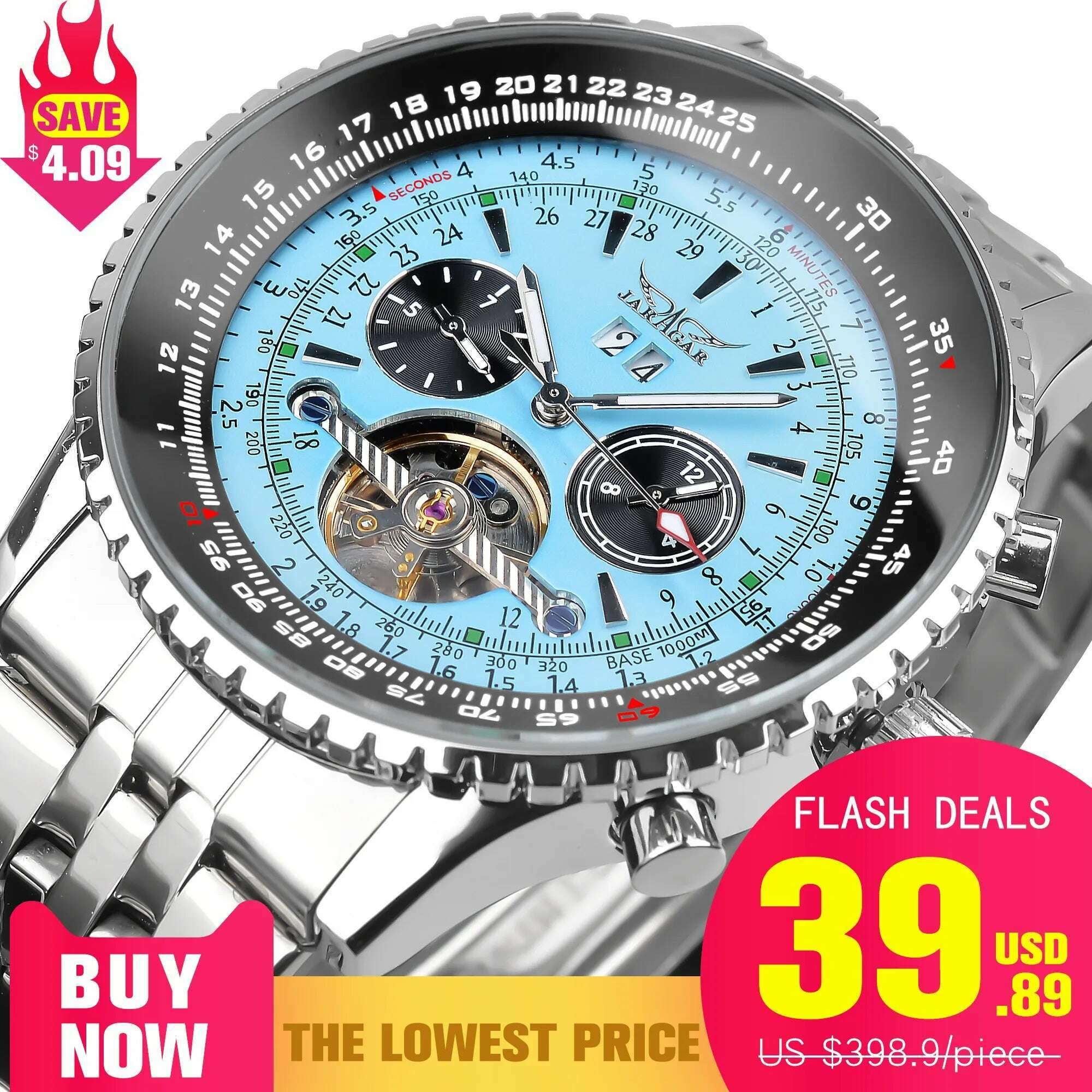 Jaragar Mens Automatic Mechanical Watch Fashion Tourbillon Blue Dial Date Display Stainless Steel Strap Military Sport Watches - KIMLUD