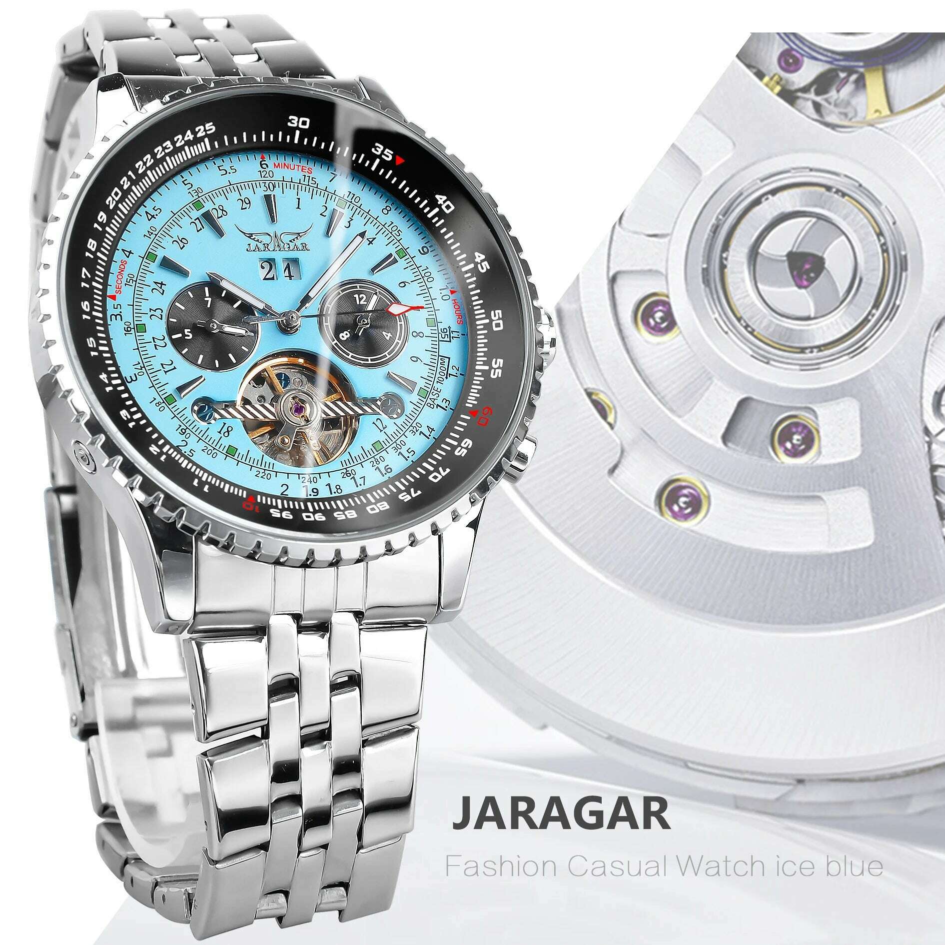 Jaragar Mens Automatic Mechanical Watch Fashion Tourbillon Blue Dial Date Display Stainless Steel Strap Military Sport Watches - KIMLUD