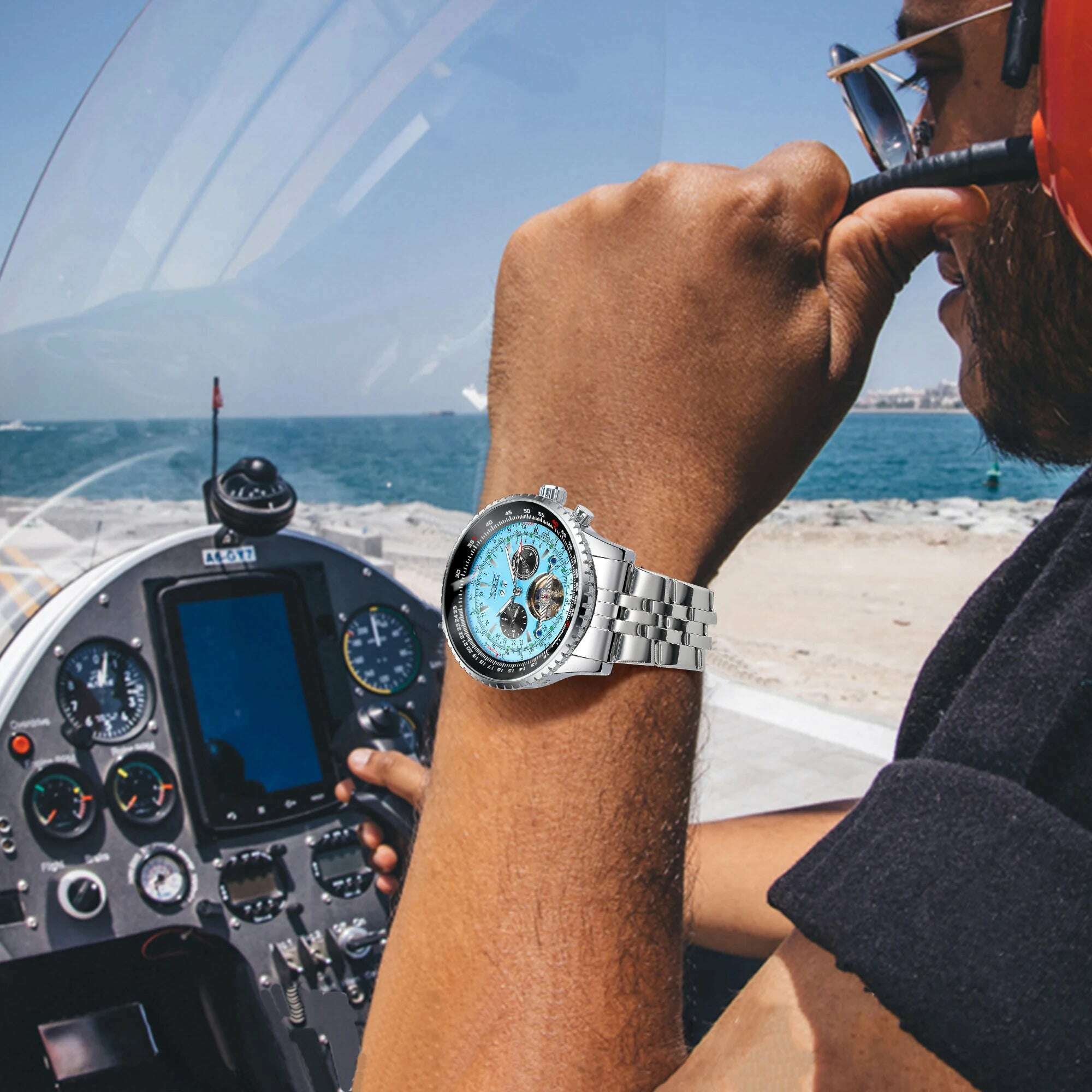 Jaragar Mens Automatic Mechanical Watch Fashion Tourbillon Blue Dial Date Display Stainless Steel Strap Military Sport Watches - KIMLUD