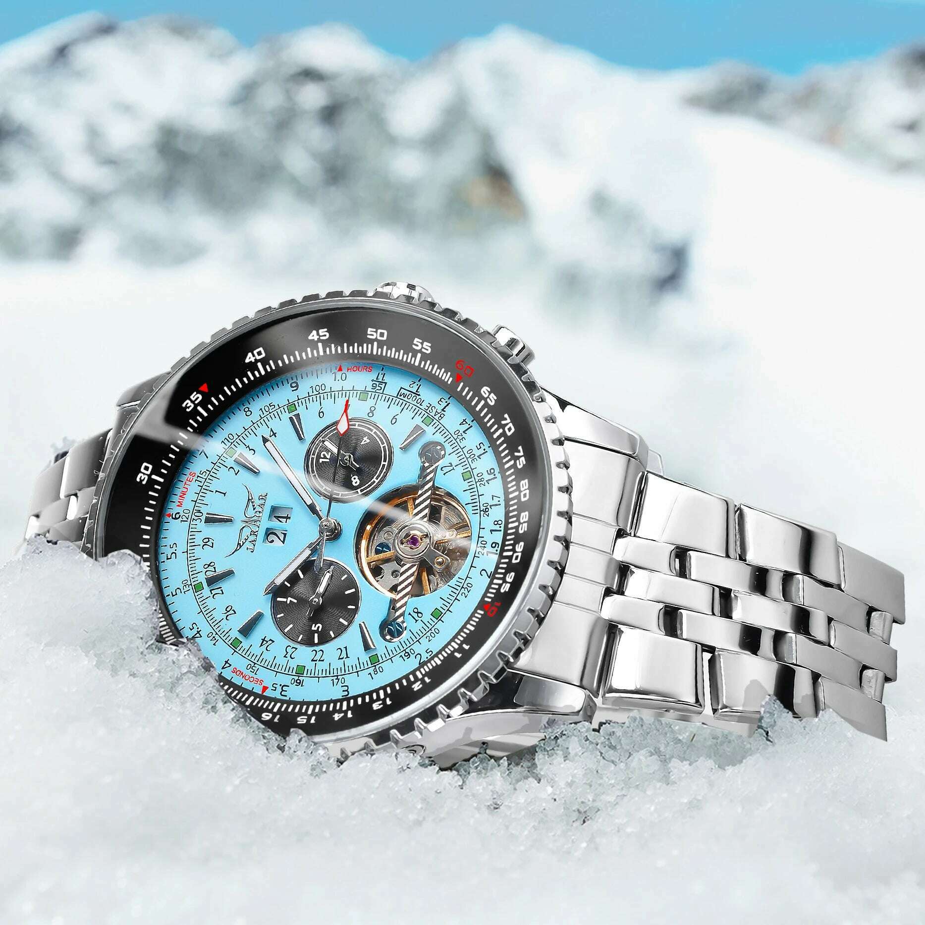 Jaragar Mens Automatic Mechanical Watch Fashion Tourbillon Blue Dial Date Display Stainless Steel Strap Military Sport Watches - KIMLUD