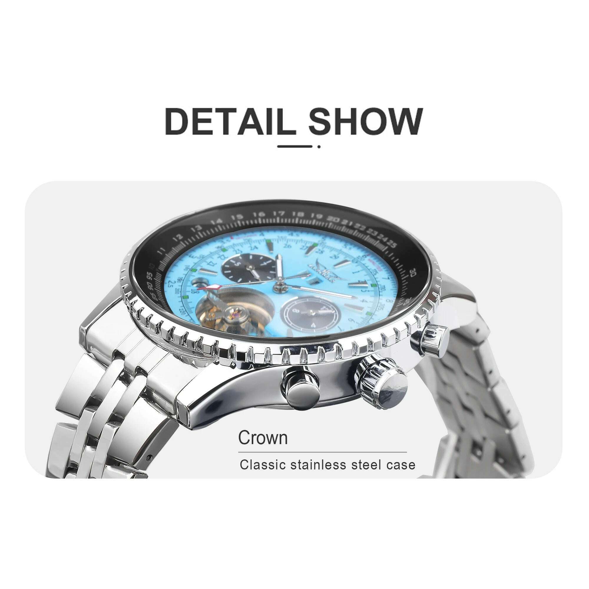 Jaragar Mens Automatic Mechanical Watch Fashion Tourbillon Blue Dial Date Display Stainless Steel Strap Military Sport Watches - KIMLUD