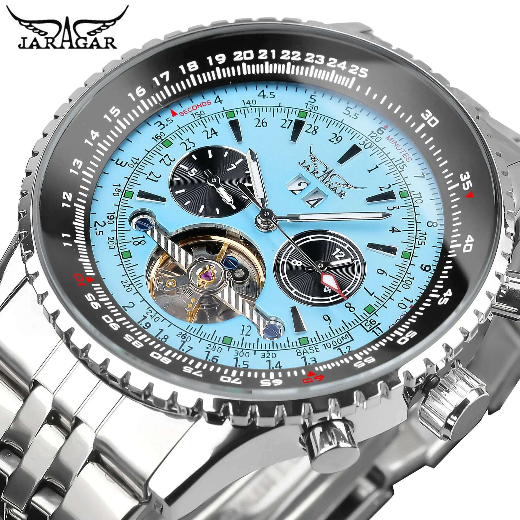 Jaragar Mens Automatic Mechanical Watch Fashion Tourbillon Blue Dial Date Display Stainless Steel Strap Military Sport Watches - KIMLUD