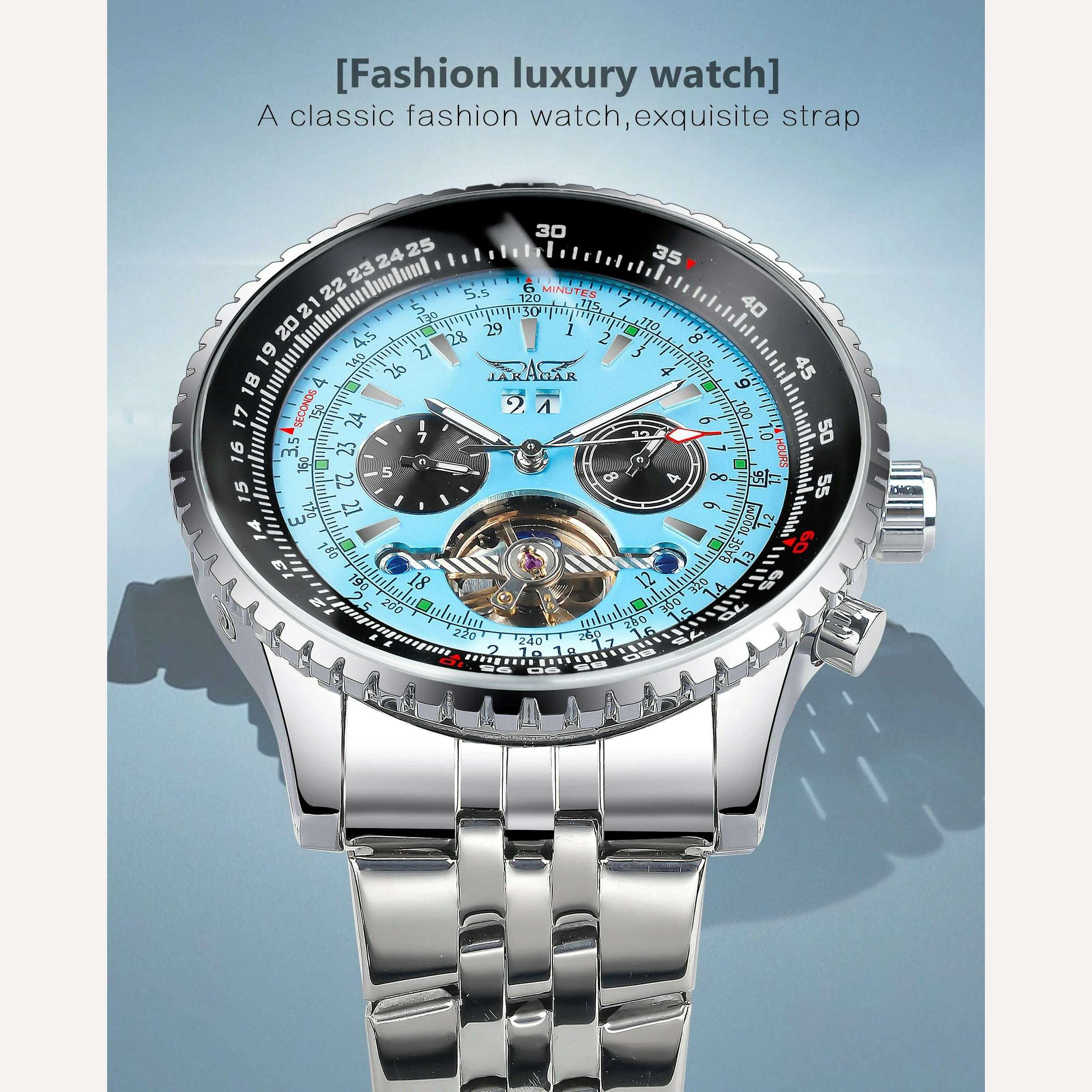 Jaragar Mens Automatic Mechanical Watch Fashion Tourbillon Blue Dial Date Display Stainless Steel Strap Military Sport Watches - KIMLUD