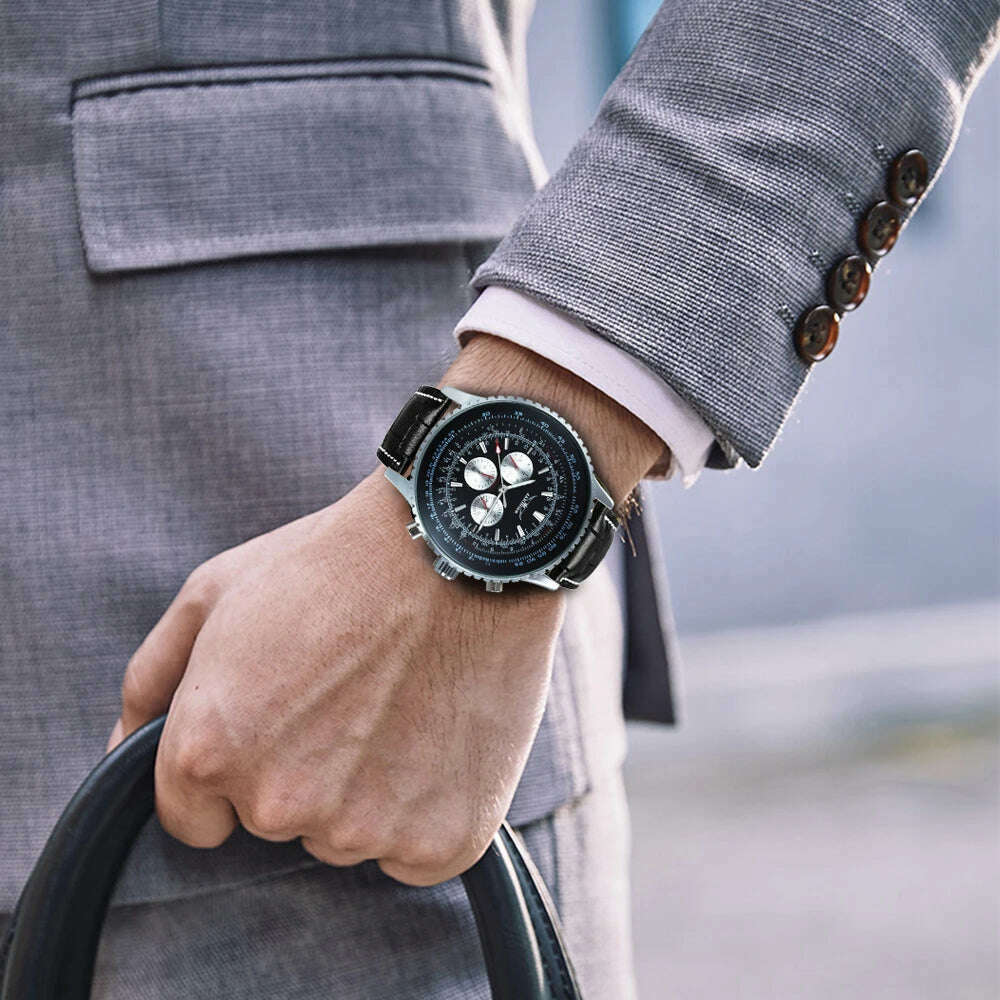 KIMLUD, JARAGAR Pilot Watch Military Mens Watches Top Brand Luxury Leather Strap Cool Male Clock Chronograph montre homme relógios Gift, KIMLUD Womens Clothes