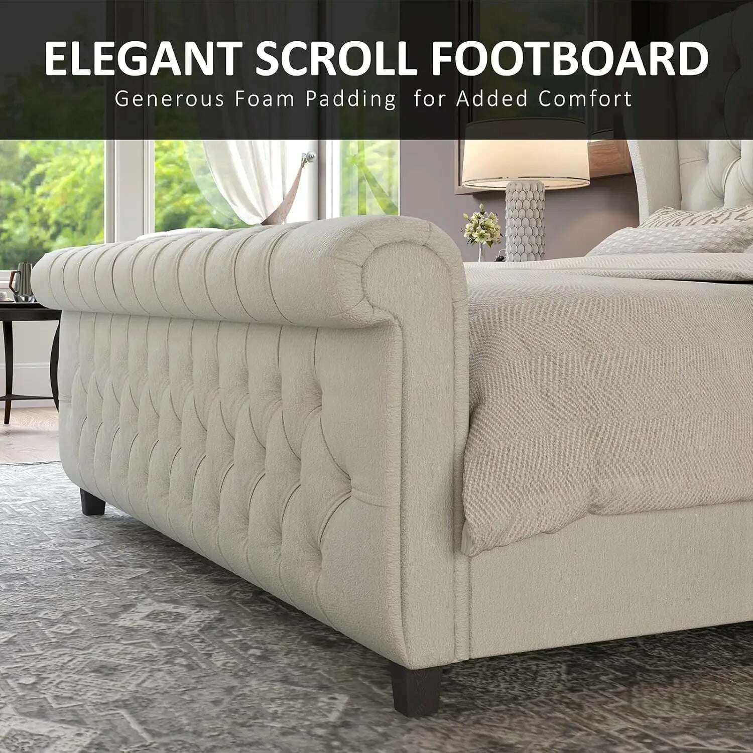 KIMLUD, King Size Platform Bed Frame, Chenille Upholstered Sleigh Bed with Scroll Wingback Headboard & Footboard/Button Tufted, KIMLUD Womens Clothes