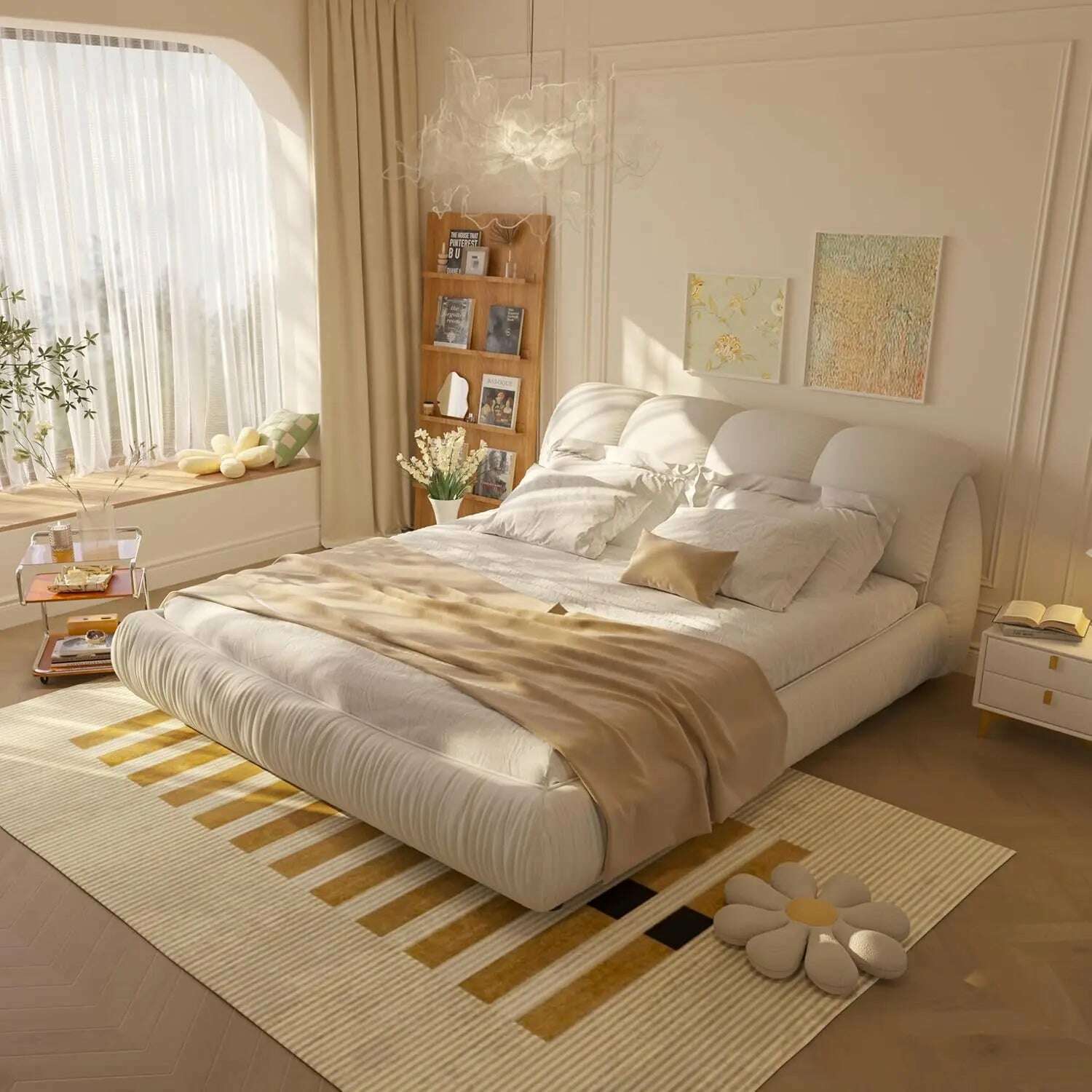 KIMLUD, King Size Platform Bed with Overstuffed Padded Headboard, Lite Deluxe Faux Leather Upholstered Solid Wood Frame Cloud Bed, King-beige / United States / King, KIMLUD APPAREL - Womens Clothes