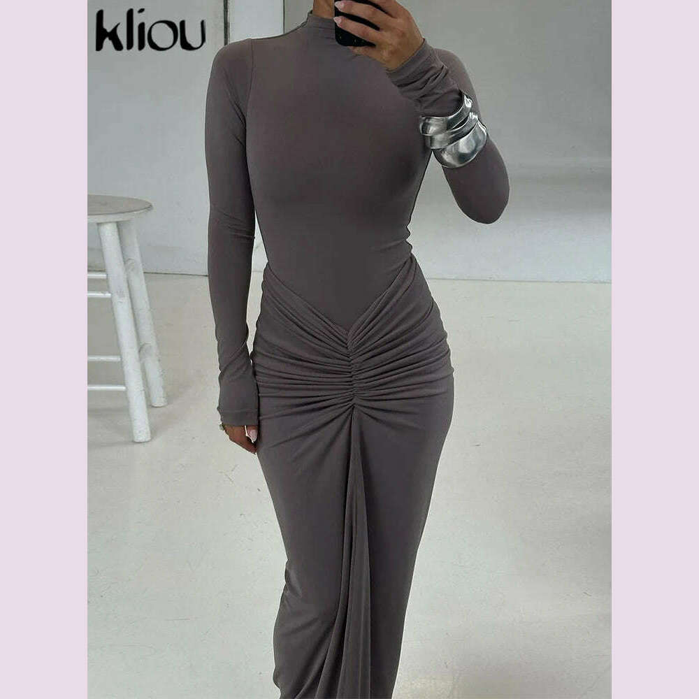 kliou Shirring Women Classic Maxi Dress Autumn New Solid Long Sleeve High Collar Body-shaping Vestidos Mujer Concise Trend Robe - KIMLUD